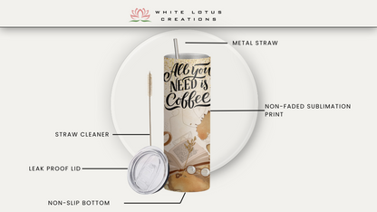 charming vintage  coffee design- 20oz skinny tumbler, double wall insulated, tumbler with lid and straw, travel mug