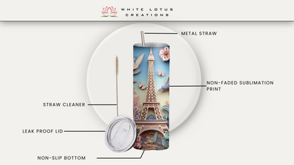 Eifle tower- 20oz skinny tumbler, double wall insulated, tumbler with lid and straw, travel mug