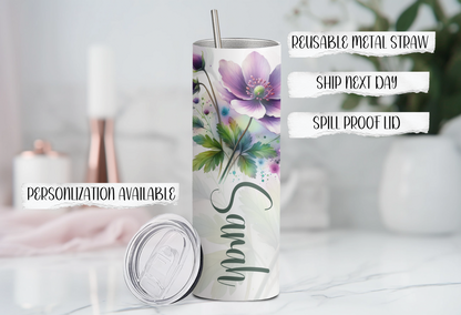 Personalized Birth Flower 20oz Skinny Tumbler, Bridesmaid Proposal Gifts, Floral Tumbler, Party gifts, birthday gifts, Double Insulated wall