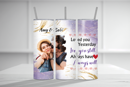 Personalized Photo & Name 20oz tumbler, Anniversary gift, Romantic gift for wife, Purple Photo Tumbler, travel mug with Lid and straw