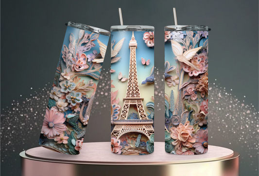 Eifle tower- 20oz skinny tumbler, double wall insulated, tumbler with lid and straw, travel mug