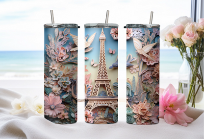 Eifle tower- 20oz skinny tumbler, double wall insulated, tumbler with lid and straw, travel mug