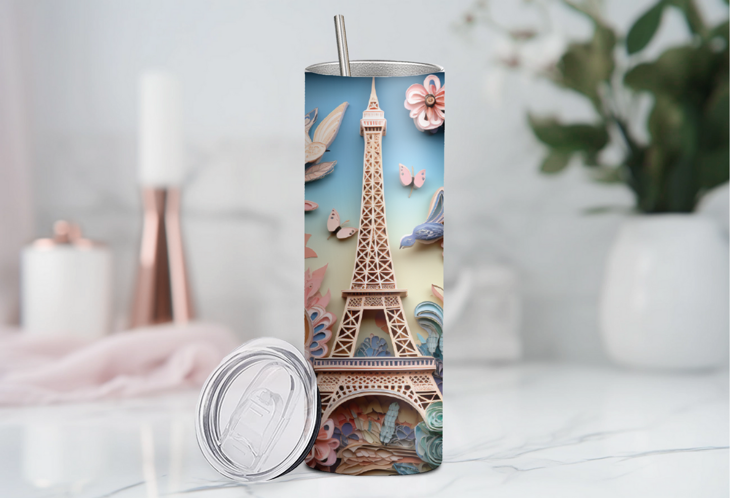 Eifle tower- 20oz skinny tumbler, double wall insulated, tumbler with lid and straw, travel mug