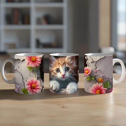 Adorable Kitten and Pink Floral Mug, 11oz Ceramic mug