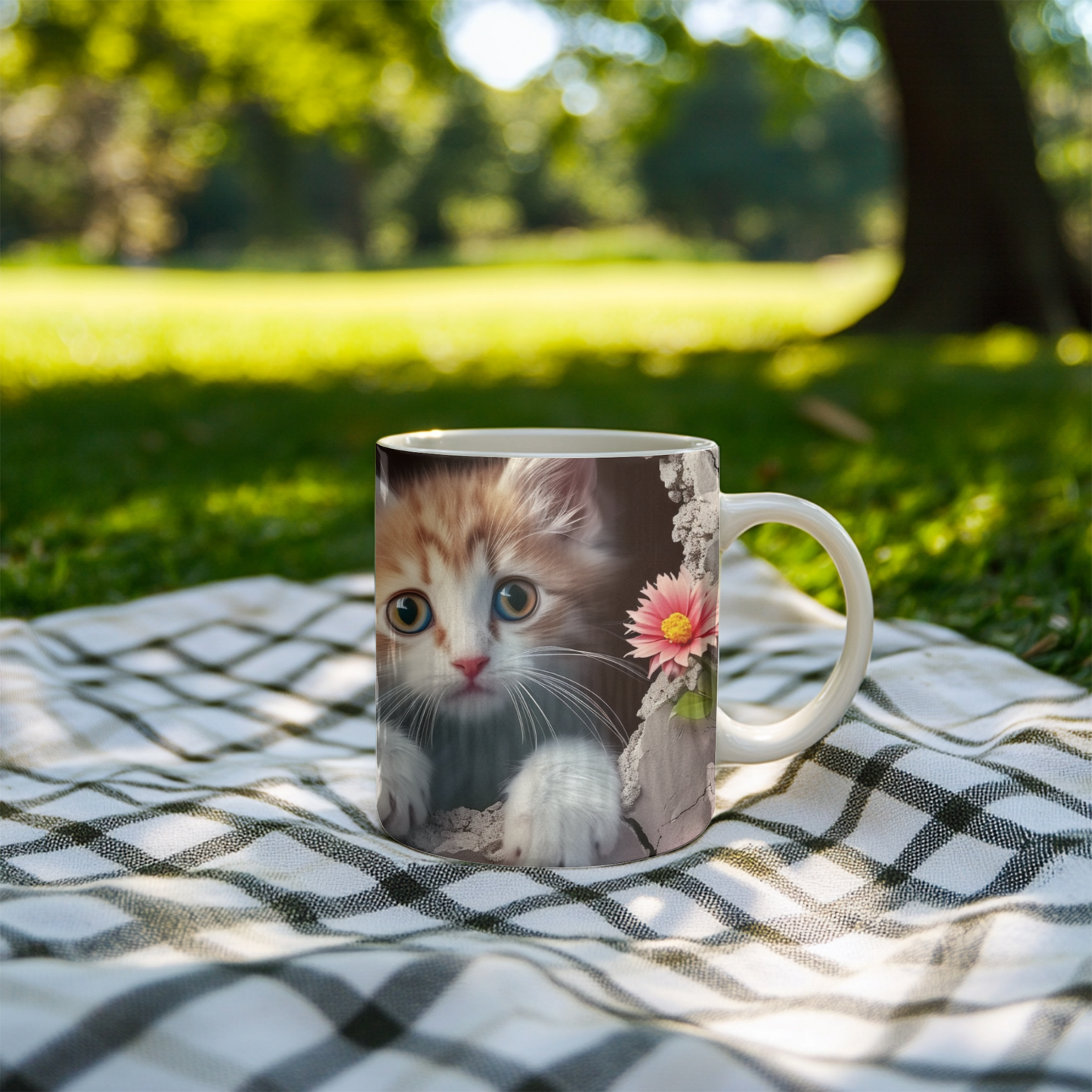 Adorable Kitten and Pink Floral Mug, 11oz Ceramic mug