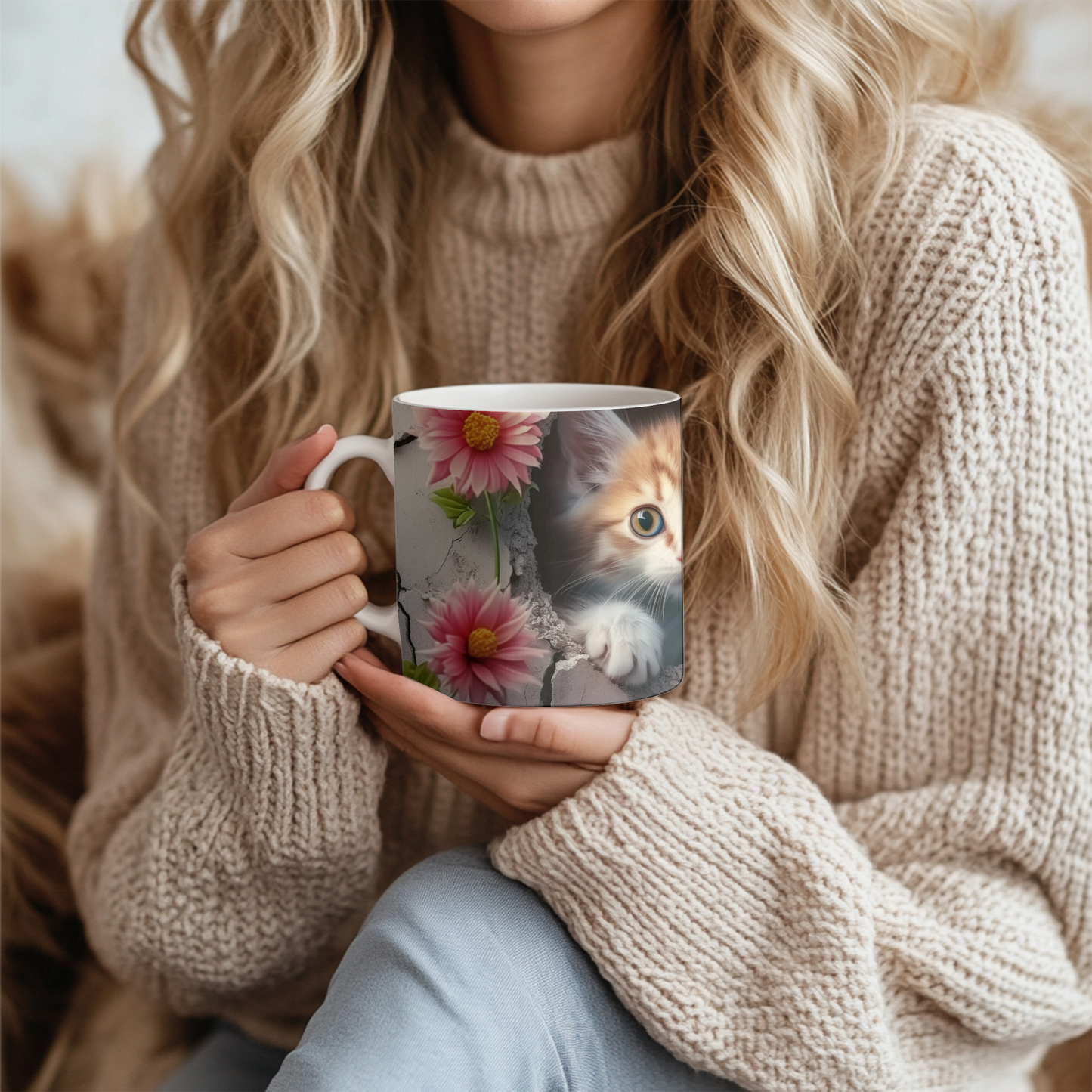 Adorable Kitten and Pink Floral Mug, 11oz Ceramic mug