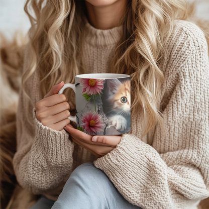 Adorable Kitten and Pink Floral Mug, 11oz Ceramic mug