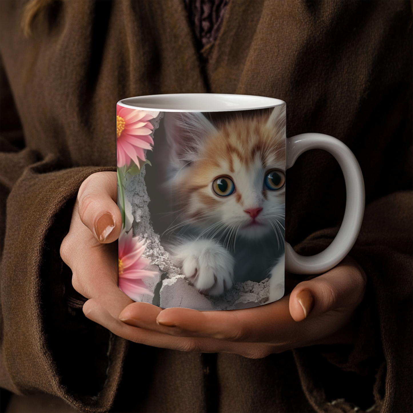 Adorable Kitten and Pink Floral Mug, 11oz Ceramic mug