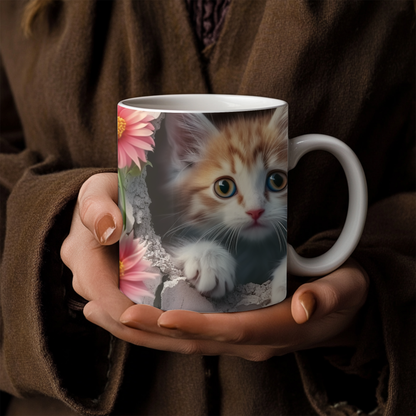 Adorable Kitten and Pink Floral Mug, 11oz Ceramic mug