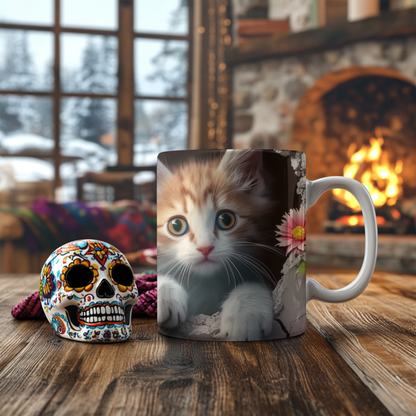 Adorable Kitten and Pink Floral Mug, 11oz Ceramic mug